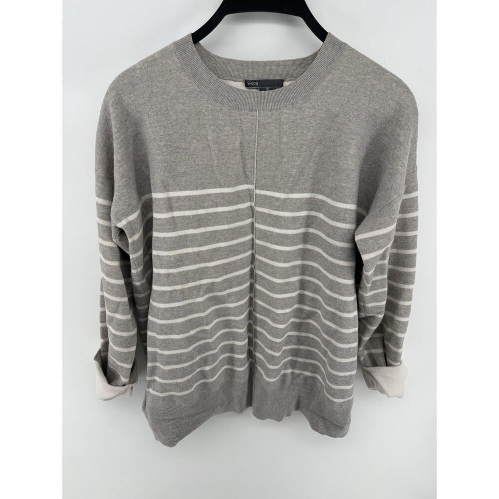 VINCE Women's Wool Blend 3/4 Sleeve Sweater Heather Gray White Stripe S
